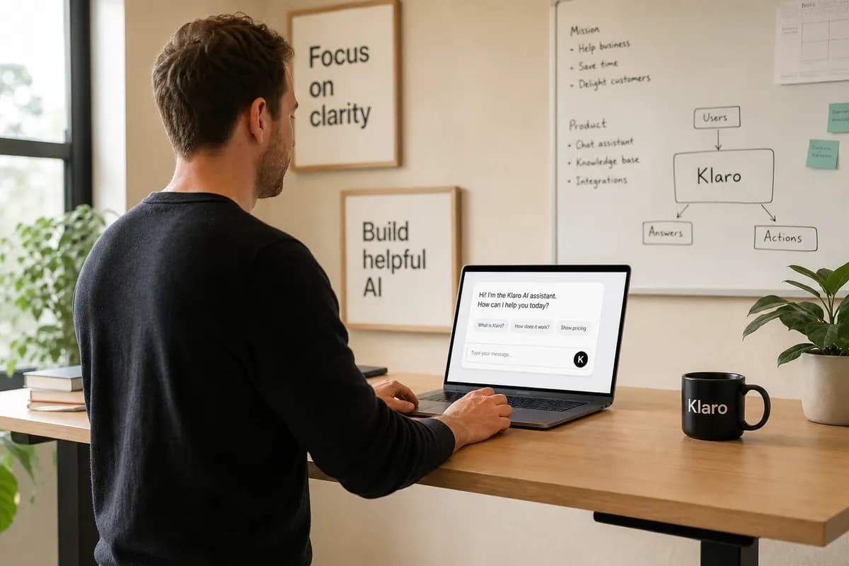 Support lead reviewing a chatbot conversation on a laptop