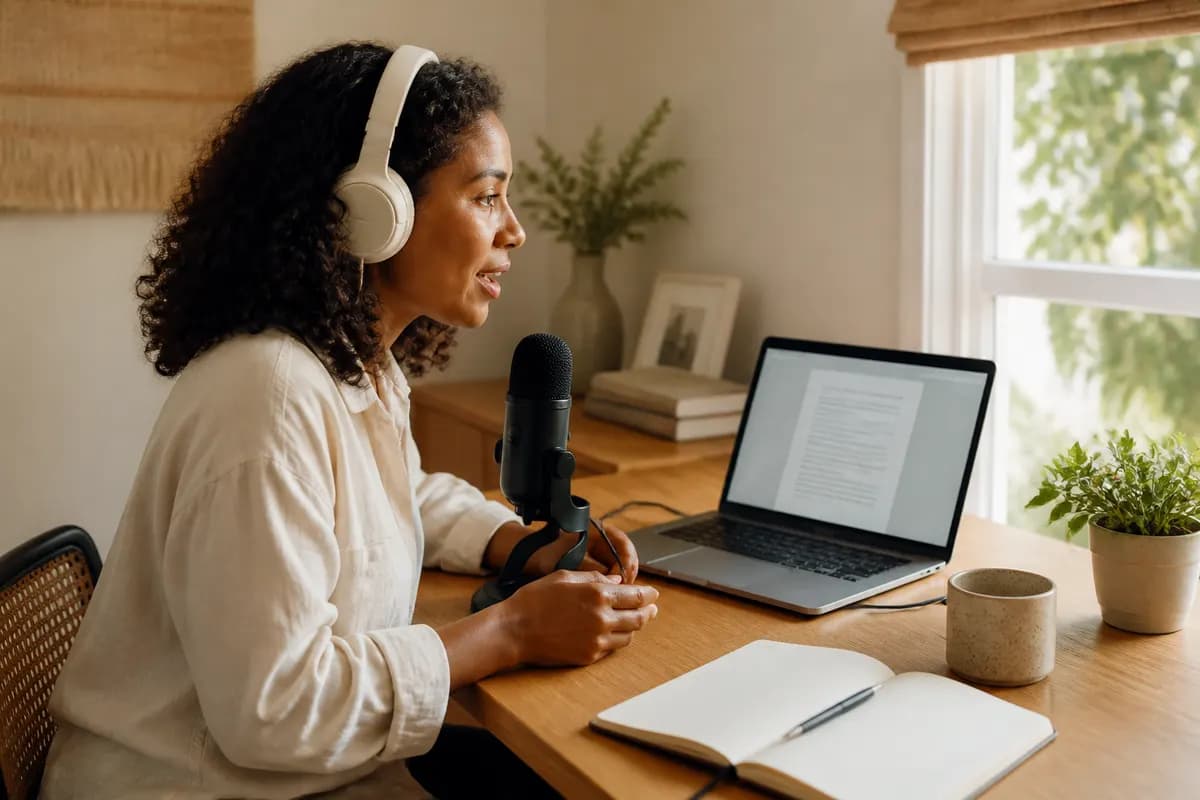 Creator recording a voiceover at a sunlit desk with headphones and a microphone